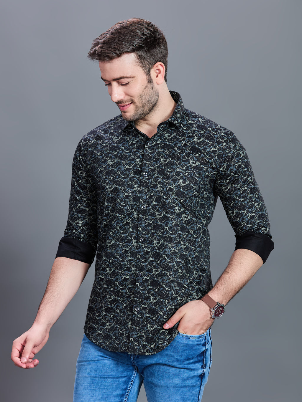 AXZON Black Marble Printed Casual Shirt for Men