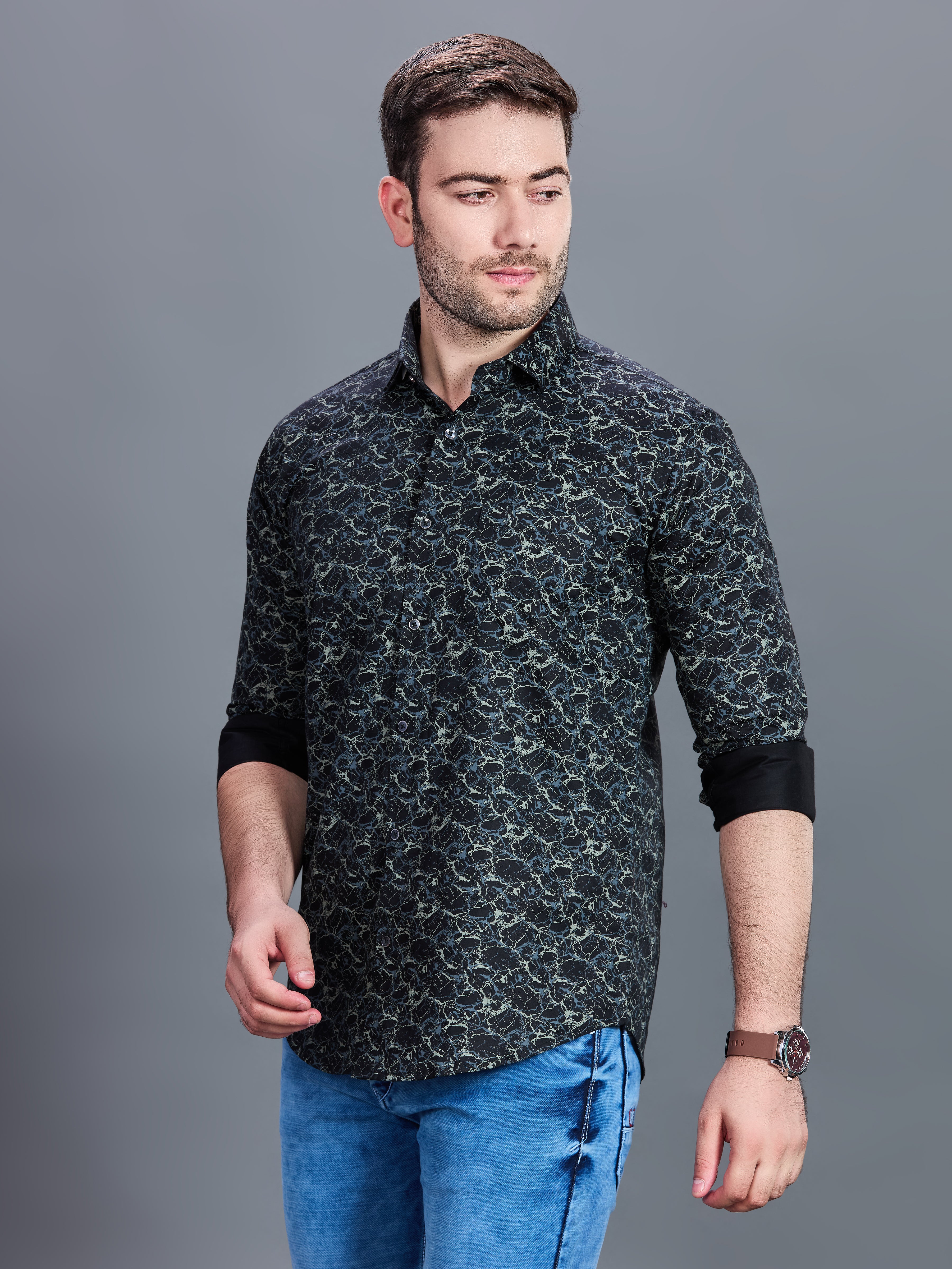 AXZON Black Marble Printed Casual Shirt for Men