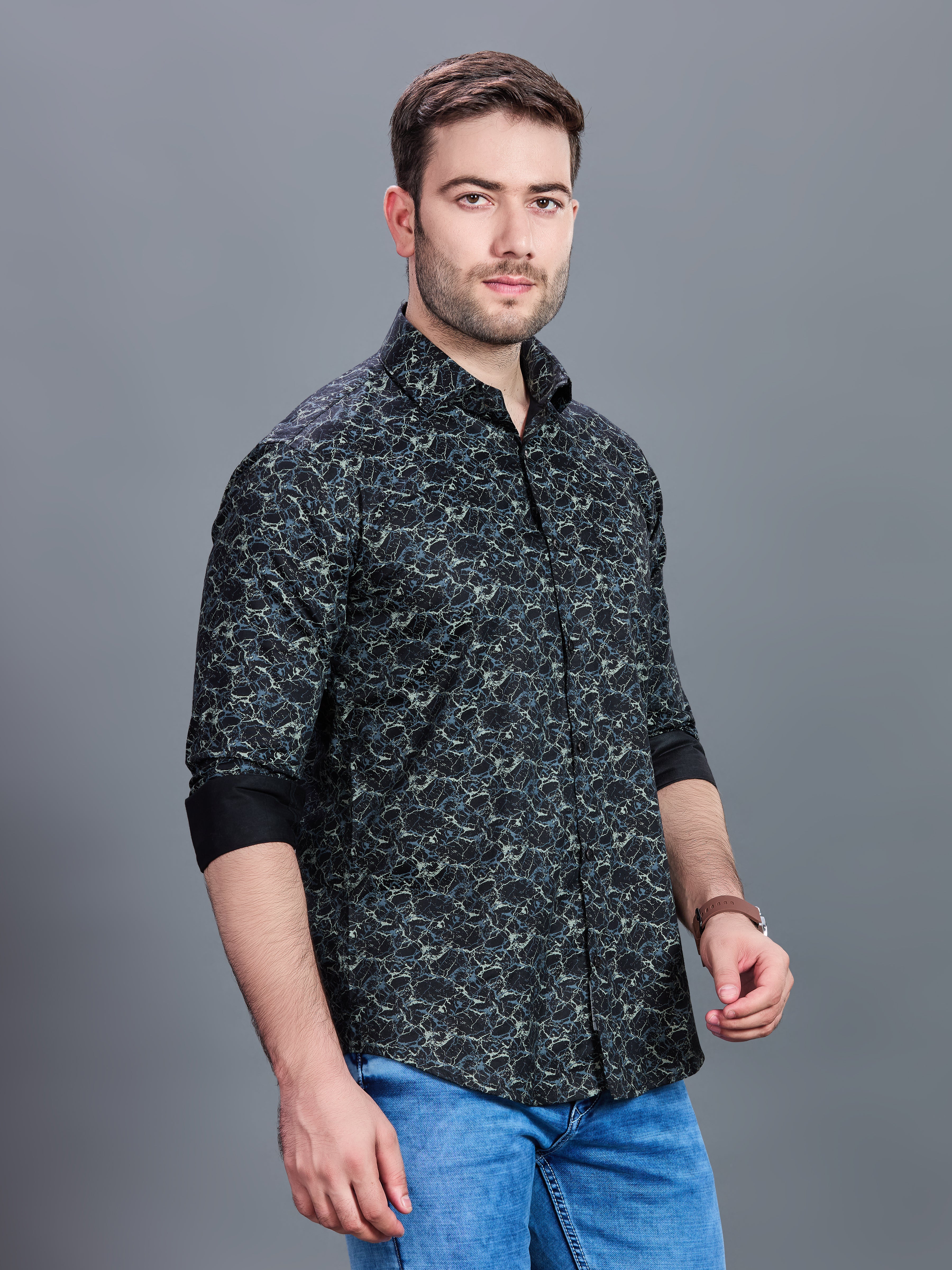 AXZON Black Marble Printed Casual Shirt for Men