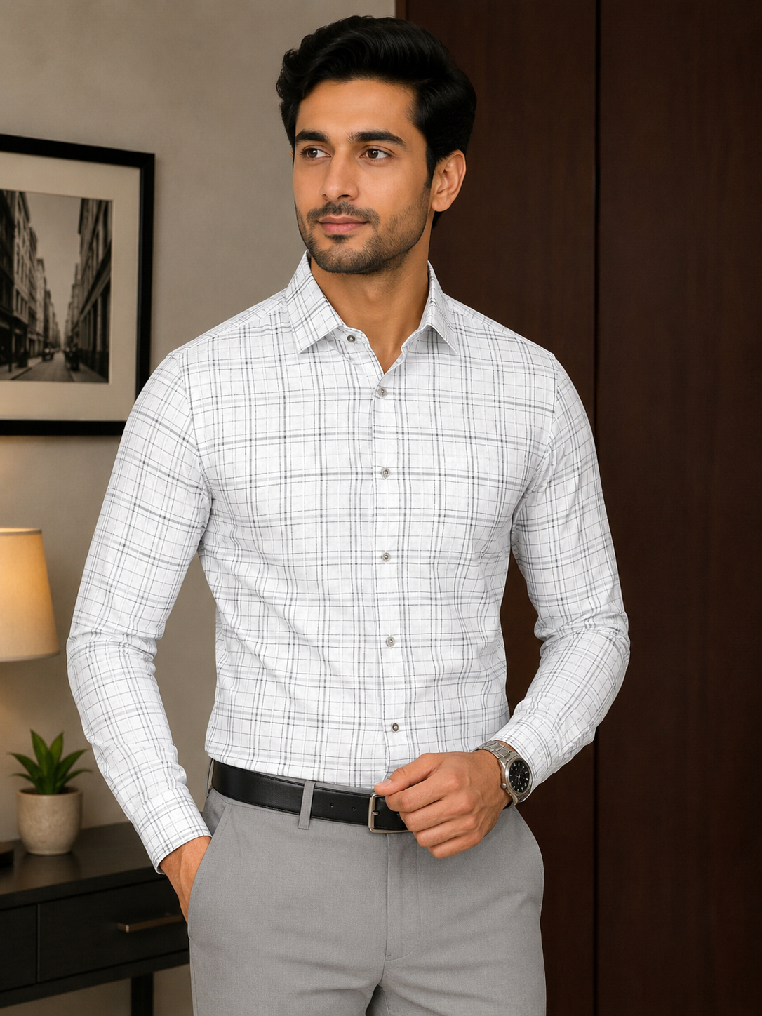 AXZON Men's White Grey Checked Formal Shirt