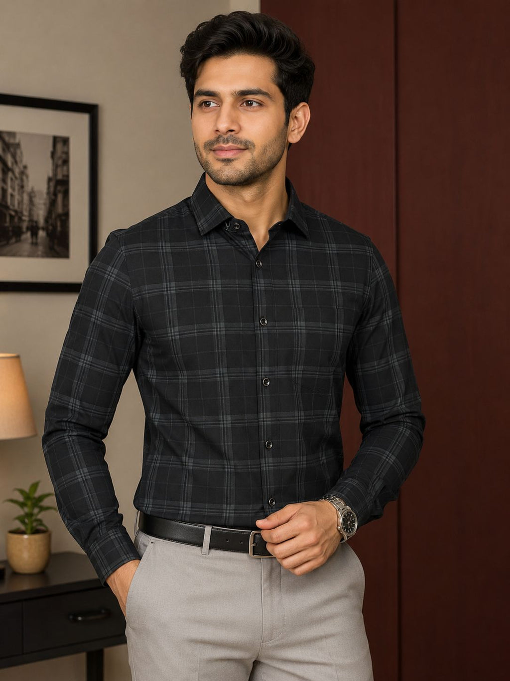 AXZON Men's Black Grey Checked Formal Shirt
