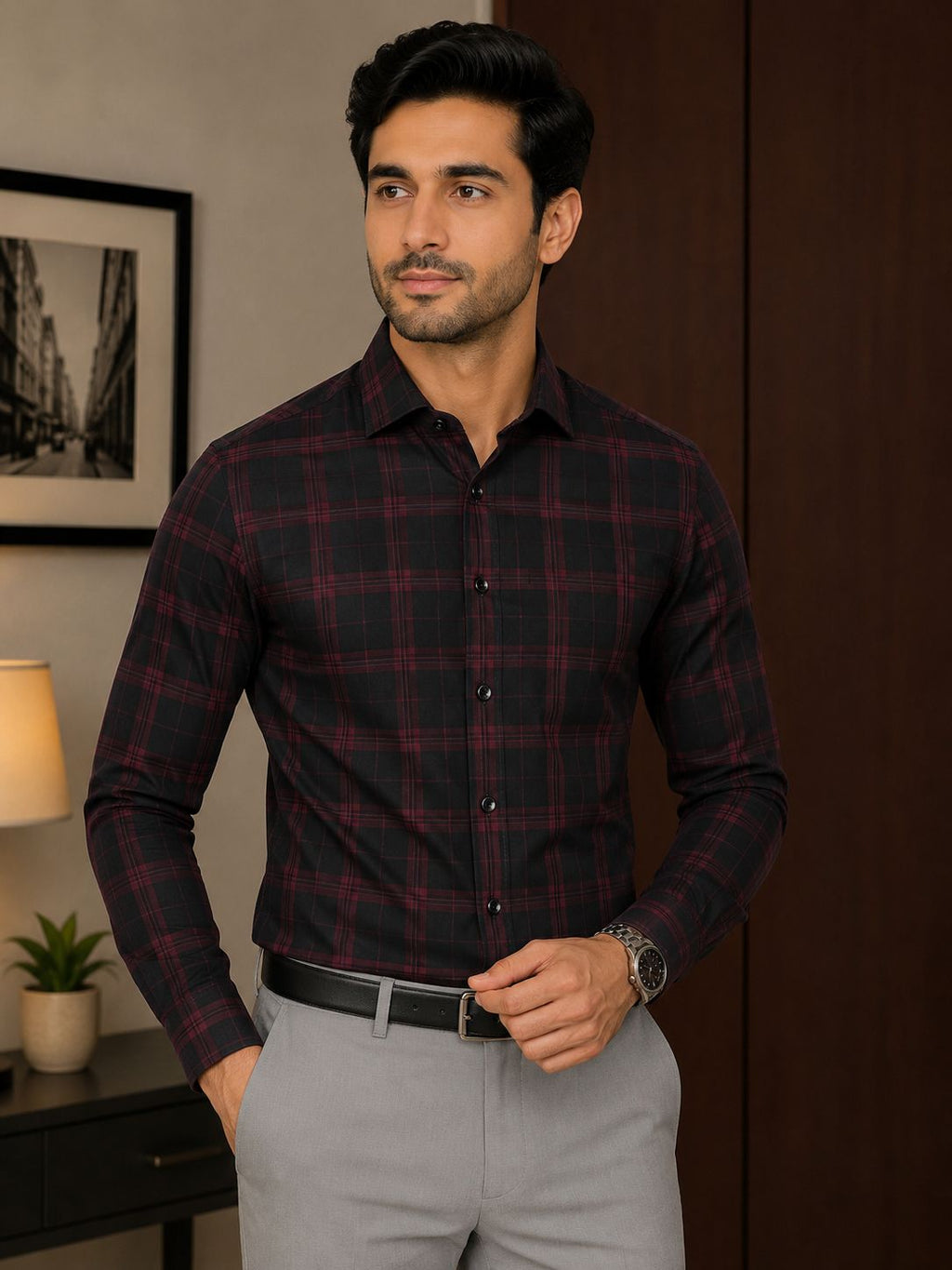 AXZON Men's Black Maroon Checked Formal Shirt