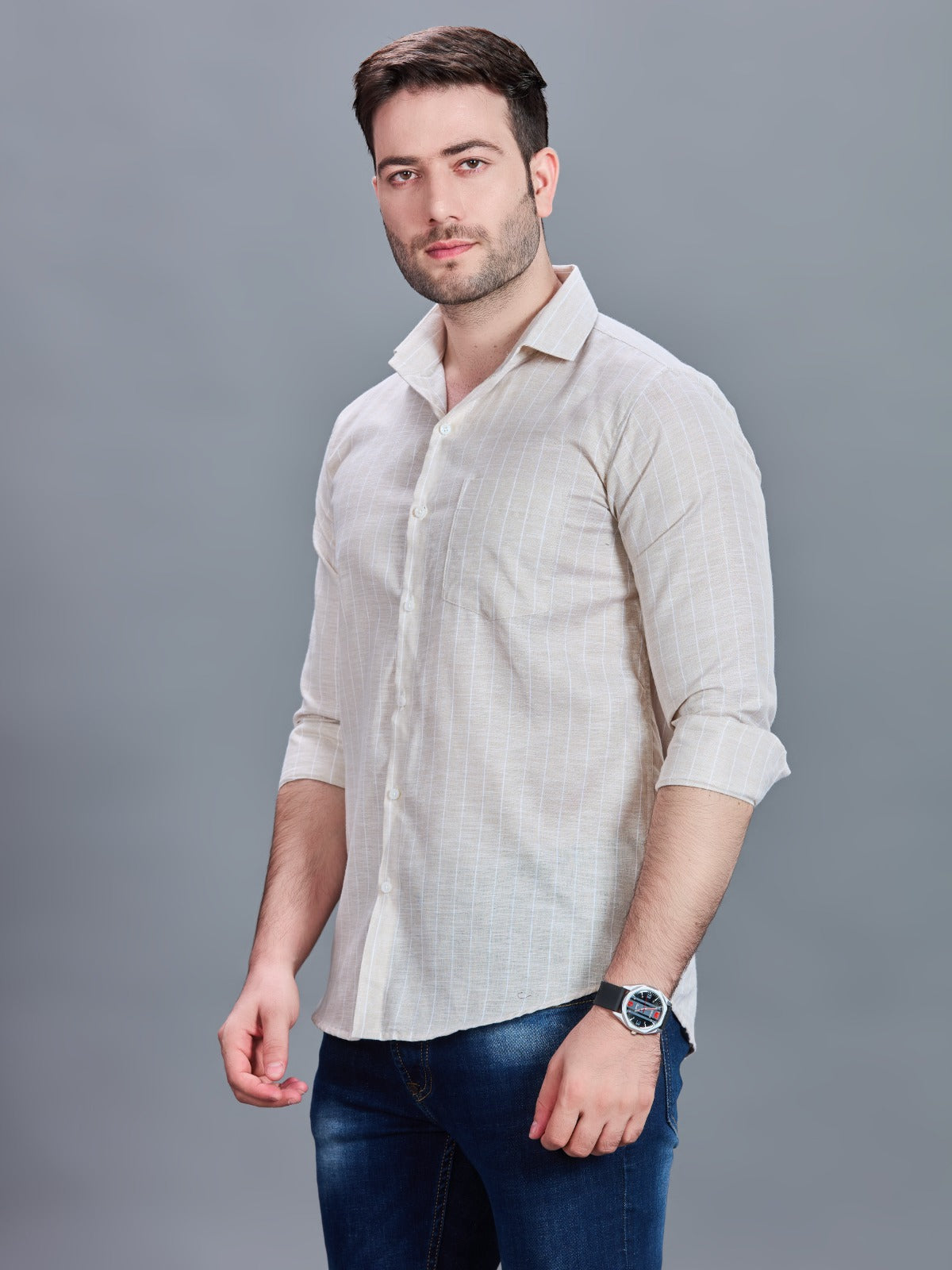 AXZON Off White Checked Slim Fit Casual Shirt for Men
