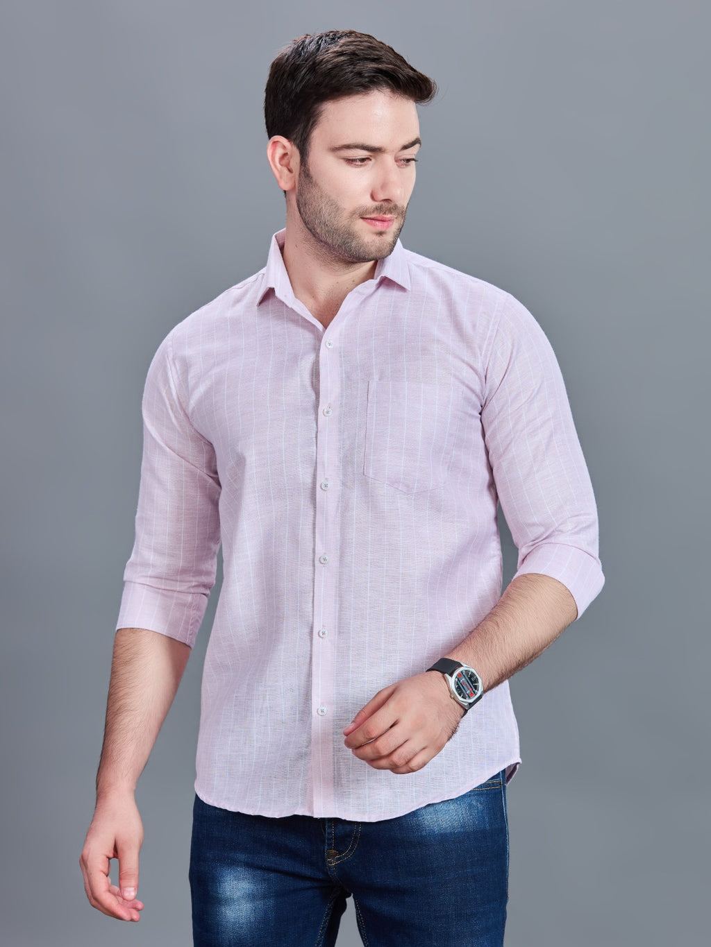 AXZON Light Pink Linen Slim Fit Shirt for Men