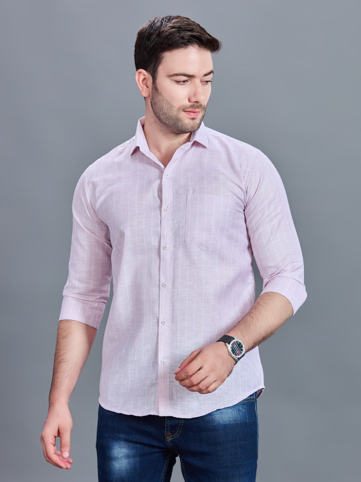 AXZON Light Pink Linen Slim Fit Shirt for Men