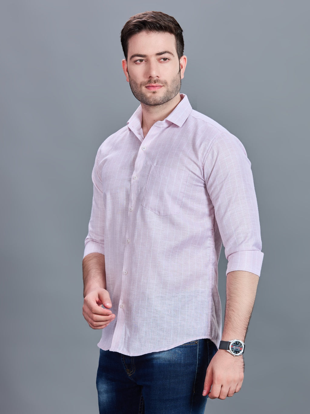 AXZON Light Pink Linen Slim Fit Shirt for Men
