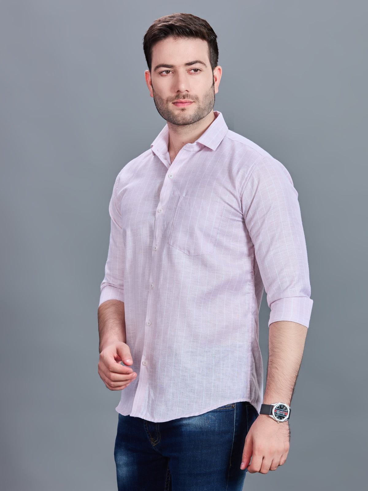 AXZON Light Pink Linen Slim Fit Shirt for Men